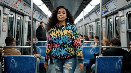Young woman in colorful hoodie gazes while riding a subway. Passengers are visible