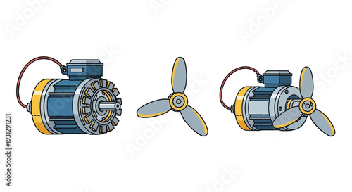 Illustrated Electric Motor with Propeller and Wiring Isolated.