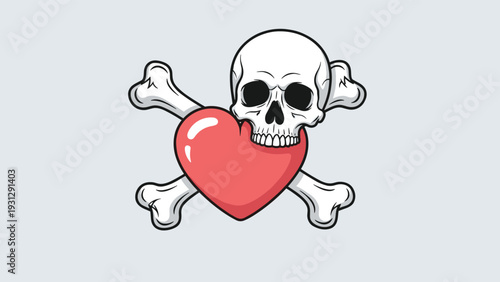 Stylized human skull with crossbones biting into a large red heart illustrating themes of dangerous love or mortality in a gothic art style.