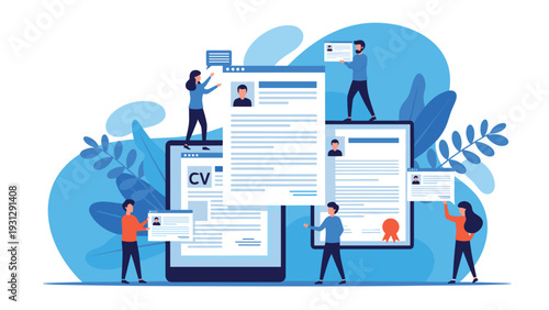 Recruitment process showing human resources professionals managing and selecting curriculum vitae from multiple digital tablets and screens.