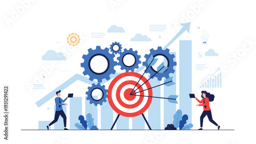 Business strategy concept showing employees aiming arrows at a target with gears and financial growth charts in the background for success.