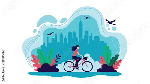 Active young woman riding a bicycle through a park with a city skyline silhouette and flying birds in the background on a sunny day.