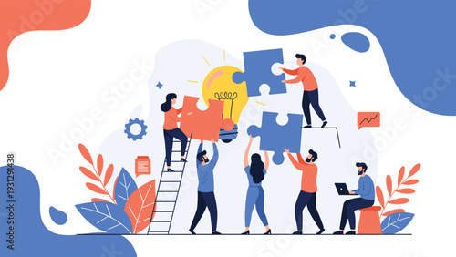 Group of dedicated employees assembling large puzzle pieces around a glowing light bulb representing teamwork and collaborative problem solving.