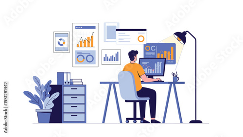 Professional data analyst working at a modern office desk with multiple monitors displaying various financial charts and statistical information.