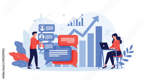 Business coworkers communicating and analyzing performance metrics with large speech bubbles and upward trending bar graphs in the background.