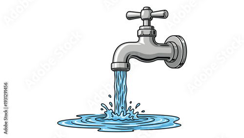 Simple illustration of a metallic water faucet with a steady stream of blue water flowing out and creating splashes on a white background.