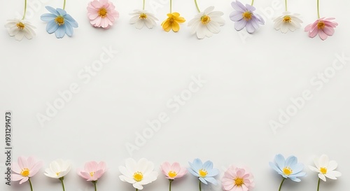 A minimalist white background adorned with delicate pastel-colored flowers forming a decorative border at the top and bottom, creating a serene and fresh aesthetic.