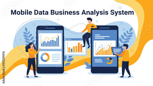 Mobile data business analysis system featuring people interacting with large smartphones displaying interactive financial charts and pie graphs.