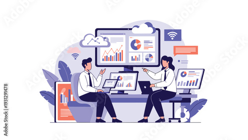 Team of professionals sitting at a desk while analyzing complex data visualizations and cloud computing symbols on multiple computer screens.