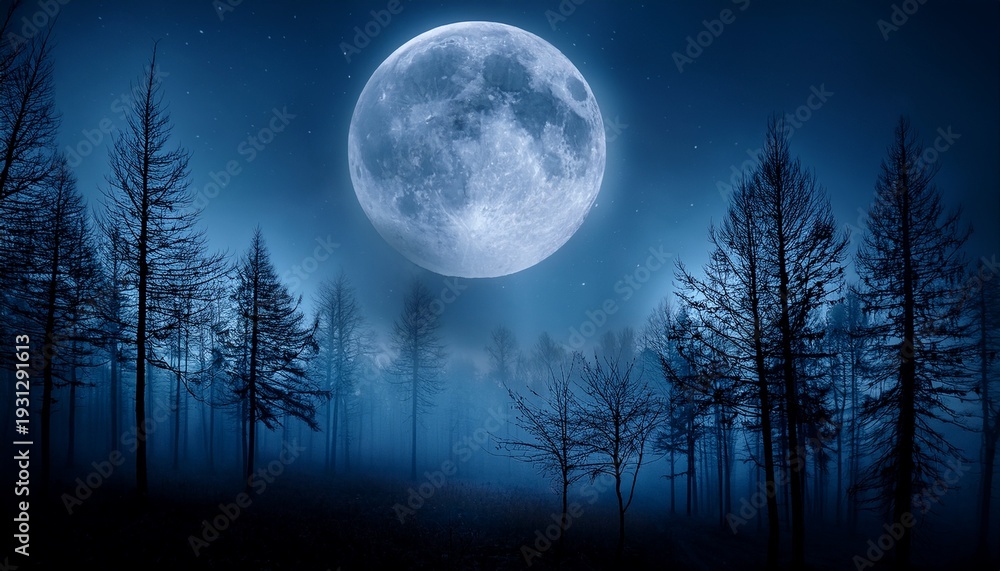 Fototapeta premium Dark Night Forest Full Moon Halloween Ultra Realistic Photorealistic