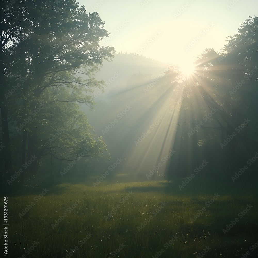 Obraz premium Sunlight filtering through trees in a serene forest landscape on a misty morning viewed from a clearing