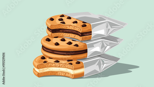Stack of three bitten chocolate chip cookies partially wrapped in silver foil packaging against a light blue background for snack themes.