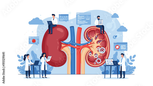 Medical professionals and scientists conducting research and analysis around giant human kidneys to illustrate healthcare and renal studies.