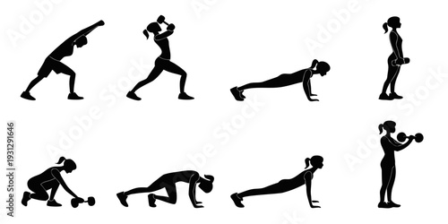 A collection of black silhouettes showing people performing various exercises