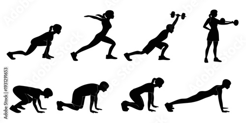 Illustrated sequence of a person performing various push-up exercises