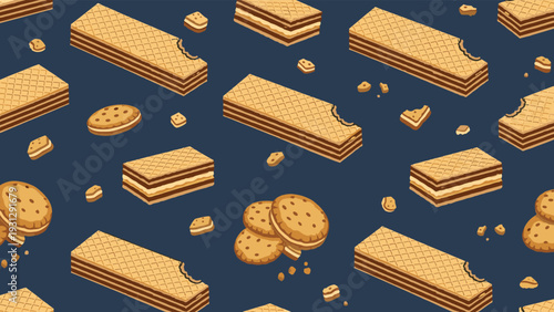 Seamless pattern background featuring various chocolate wafers and round cookies on a dark blue backdrop for food and confectionery themes.