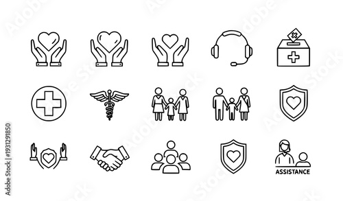 Care and Support Thin Line Icon Set Vector – Helping Hands and Charity Symbols
