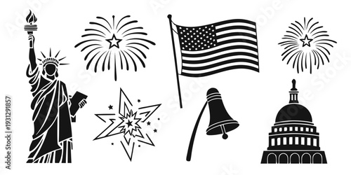 Patriotic symbols including the statue of liberty, flag, and fireworks
