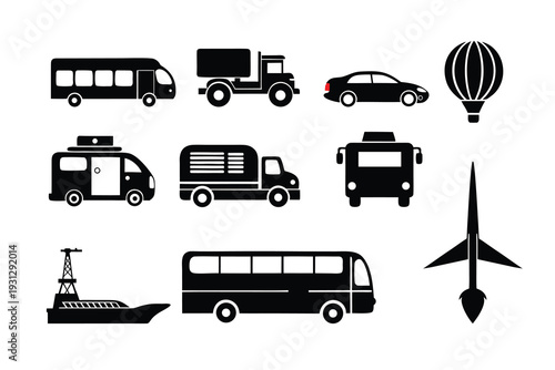 Collection of black silhouettes representing various modes of transportation