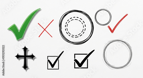 A set of vector graphic icons featuring checkmarks and symbols for approval and validation