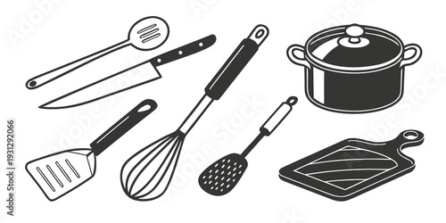 Assorted cooking utensils and tools on a white background