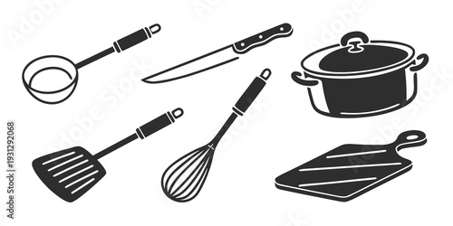 A variety of cooking utensils and tools displayed in a black and white illustration