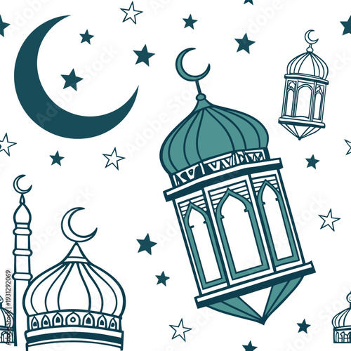 islamic decorative illustration with mosque domes lanterns crescent moons stars and cultural design