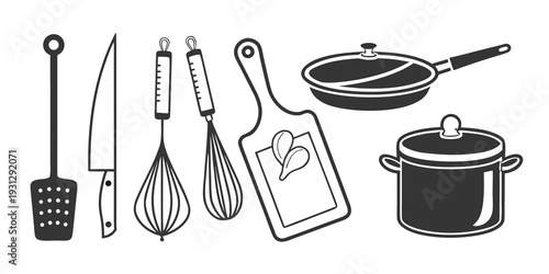 An assortment of kitchen utensils and cookware on a white background