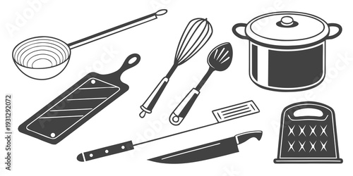 A variety of cooking utensils and tools displayed on a white background.