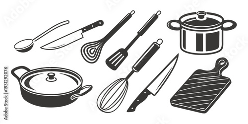 Assorted kitchen utensils and cookware displayed in a row