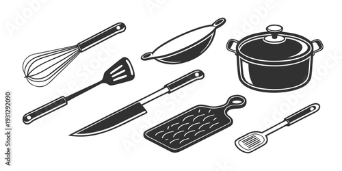 A variety of kitchen utensils and tools arranged neatly on a white background