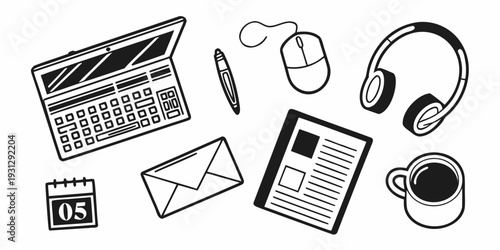 A variety of office equipment and accessories on a desk.