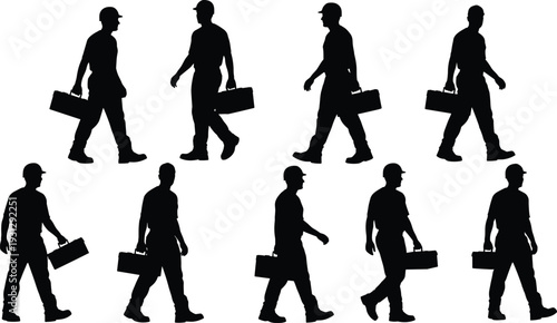 Walking construction worker silhouettes carrying toolbox isolated on white background, professional tradesman vector illustration set in different poses