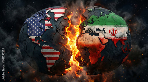 Cracked earth globe with usa and iran flags amidst flames and smoke symbolizing conflict and global tension