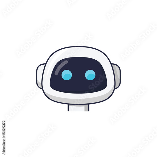Simple cartoon robot face with blue eyes on white background.