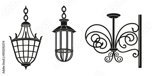 Three vintage street lamps with intricate designs and patterns