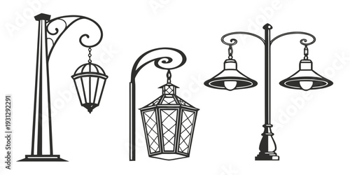 Four vintage street lamps with intricate designs and hanging lanterns
