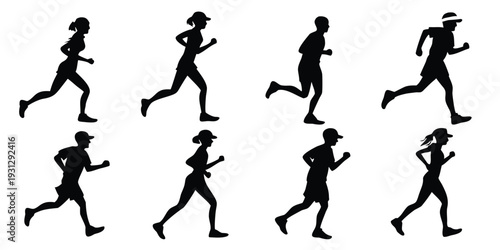 Diverse individuals running in various styles and attire