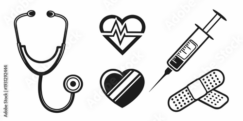 Medical icons representing healthcare and medical equipment in a simple and clear style