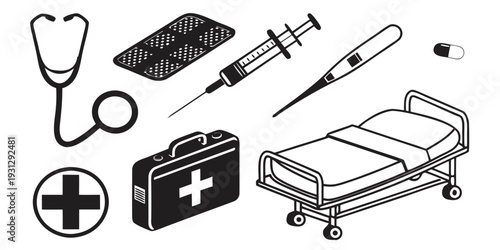 Medical equipment including a bed, first aid kit, and surgical tools