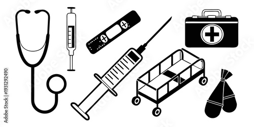 Medical equipment and supplies illustrated in black and white