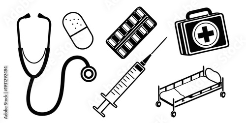 Medical equipment including a stethoscope, pills, syringe, and hospital bed