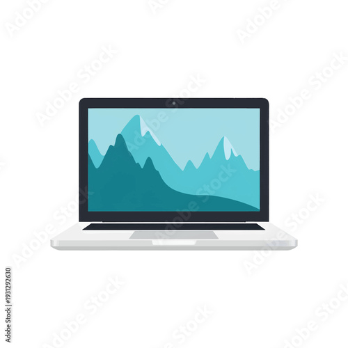 Modern laptop with mountain landscape on screen.