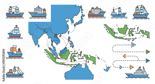 Vector Illustration of Cargo Ships and Southeast Asia Map.