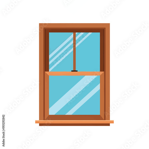 Illustration of a classic wooden framed double-hung window with blue glass panes, featuring a simple design on a white background.