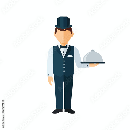 Flat design illustration of a male butler or waiter in uniform holding a silver cloche on a tray, representing service and hospitality.