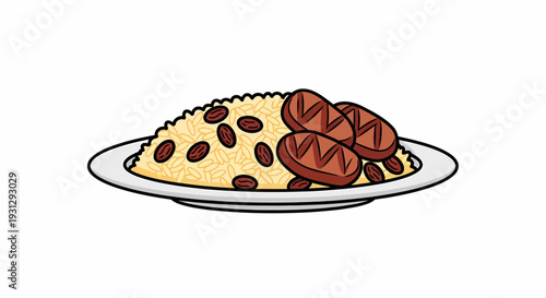 Delicious illustration of a savory meal featuring seasoned yellow rice, tender black beans, and grilled sausage slices served on a classic white plate, perfect for a hearty dinner or lunch