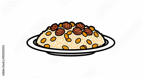 Deliciously prepared traditional rice dish featuring savory meat chunks and golden grains, presented on a white plate, ready to be enjoyed as a hearty meal