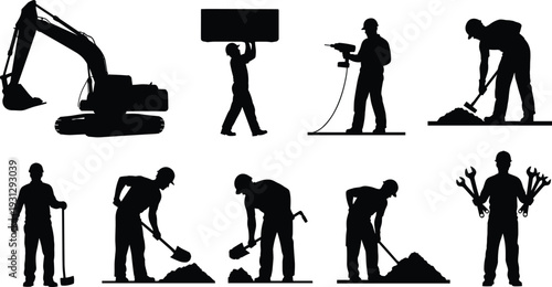 Construction workers and excavator silhouettes collection with drilling, digging and repair activities isolated on white background vector illustration set