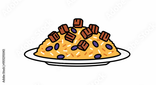 A simple, clean, and appealing illustration of a plate of delicious rice, garnished with pieces of meat and scattered beans for a delightful meal